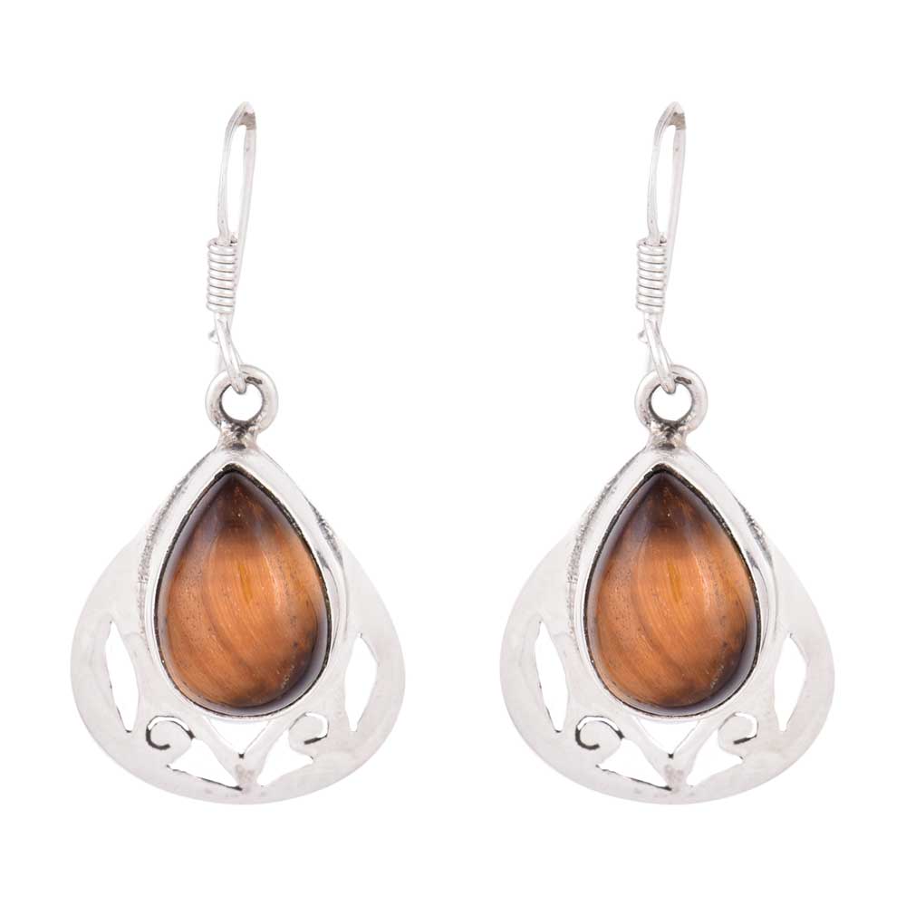 Close-up of the intricate design on Oval Drop Earrings with Silver and Brown accents in 92.5 Sterling Silver.