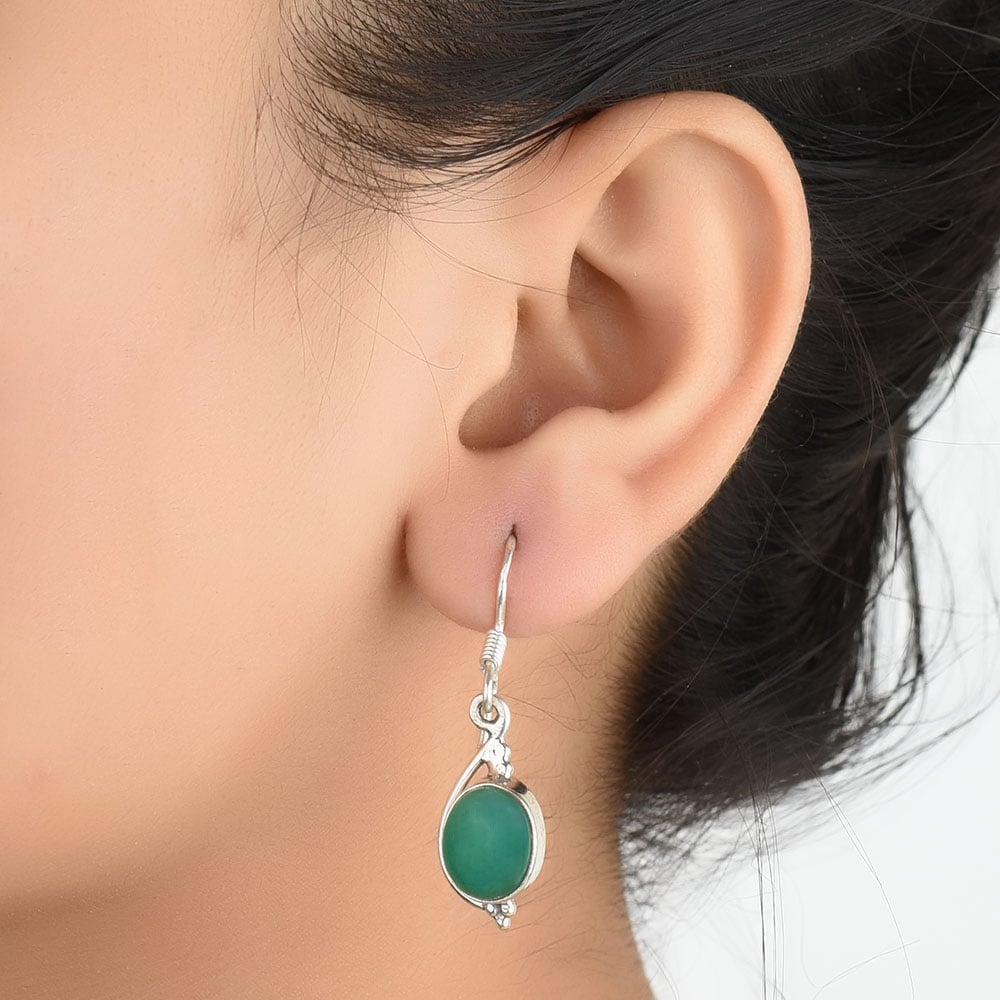 Close-up of the intricate design on Agate Oval Earrings with Silver and Green accents in 92.5 Sterling Silver.