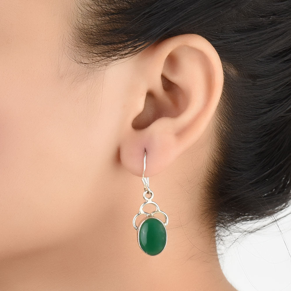 Side angle showing details of Agate Earrings with Silver and Green accents, highlighting its design.