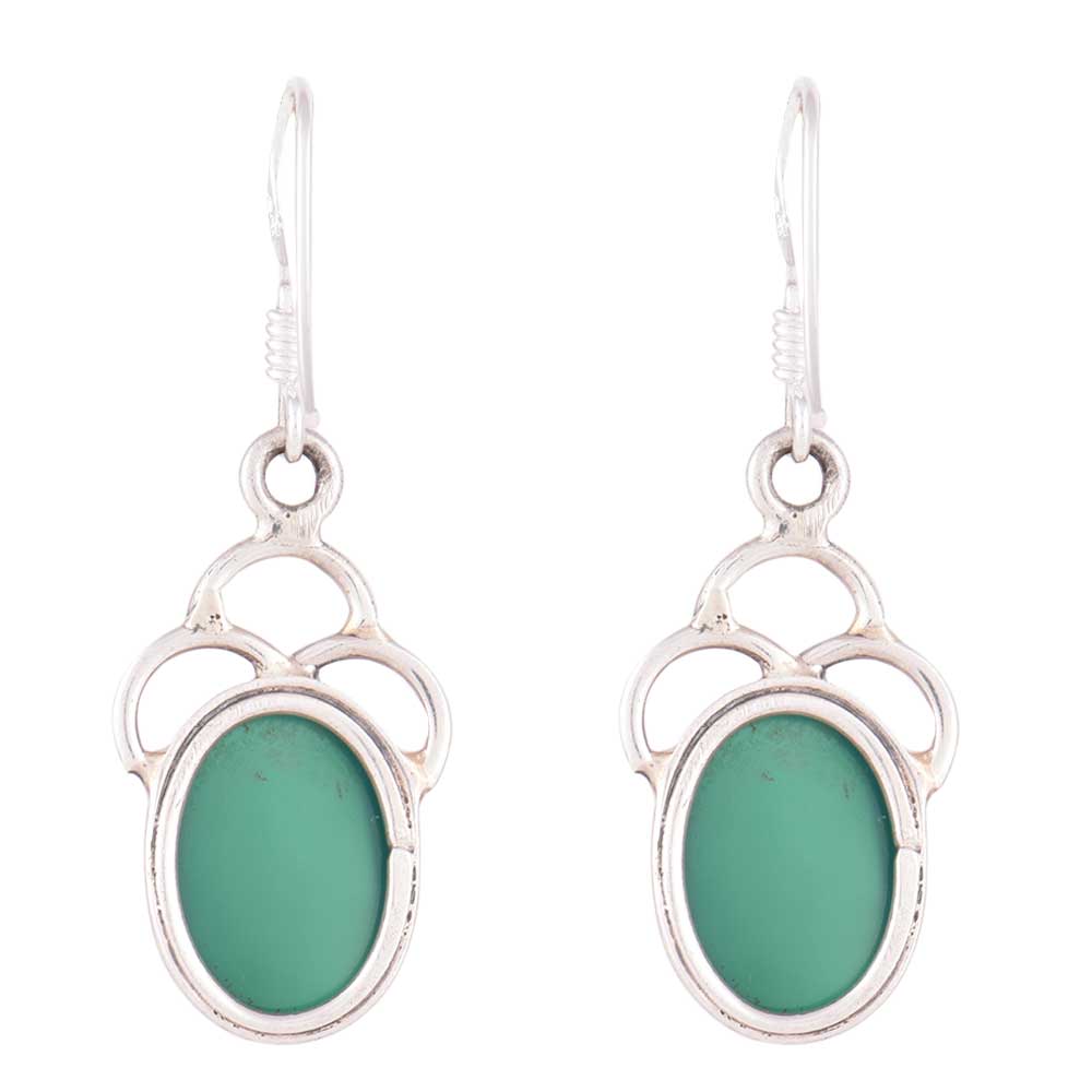 Close-up of the intricate design on Agate Earrings with Silver and Green accents in 92.5 Sterling Silver.