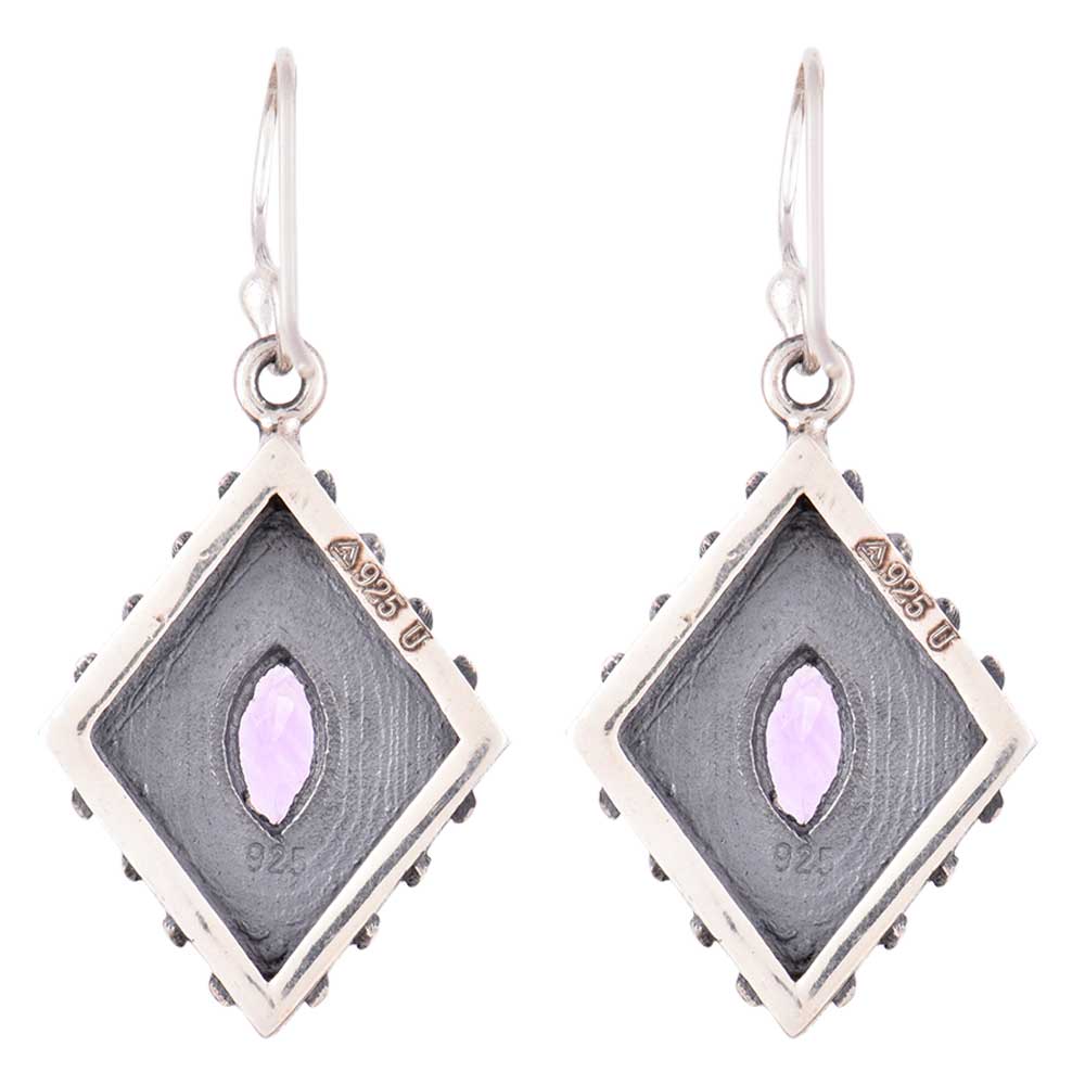 Close-up of kite design purple set in 92.5 Sterling Silver earrings.