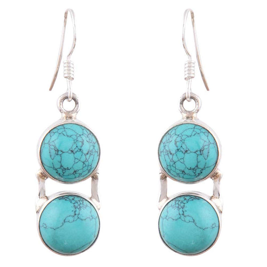 Close-up of the intricate design on Turquoise Round Dangle Earrings with Silver and Turquoise accents in 92.5 Sterling Silver.
