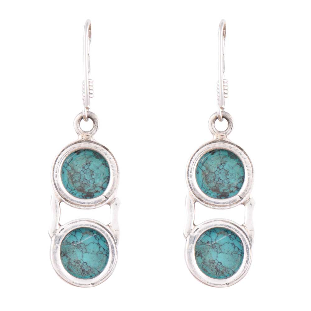 Pair of Turquoise Round Dangle Earrings displayed on a neutral background for a clear view.