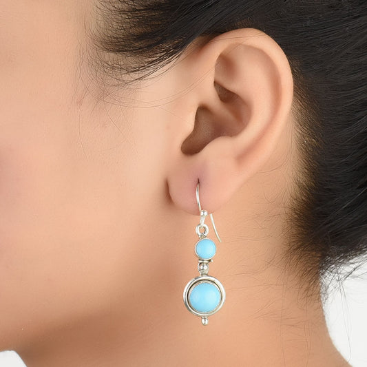 Close-up of the intricate design on Turquoise Earrings with Silver and Turquoise accents in 92.5 Sterling Silver.