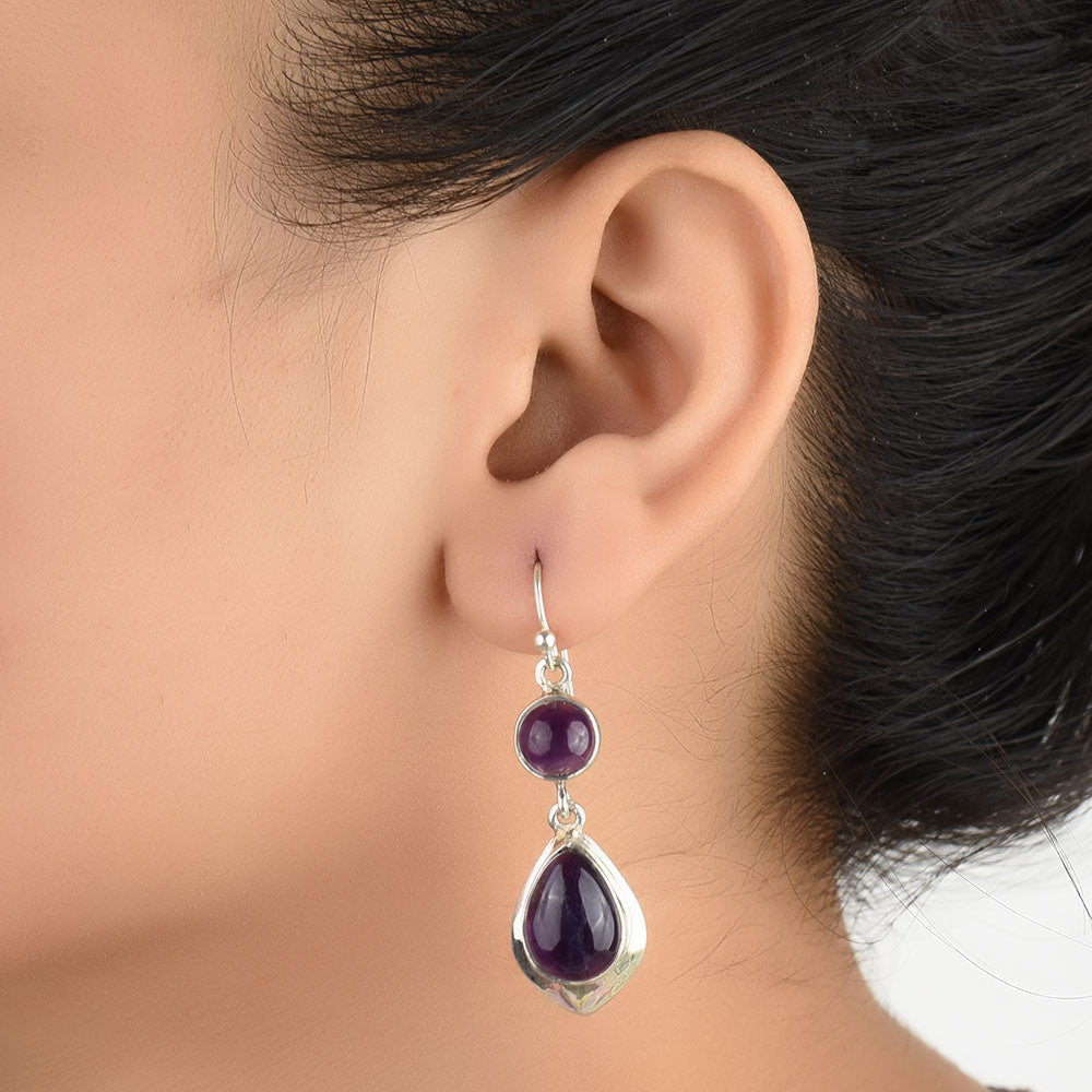 Drop earrings with amethyst in 92.5 Sterling Silver, patiently handmade and inspired by folk embroidery.