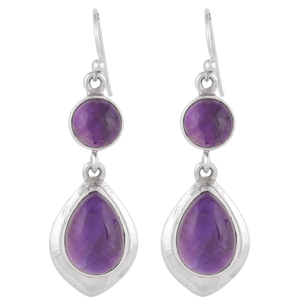 Jamuni Amethyst drop earrings resting on fabric, showing amethyst and subtle handwork.