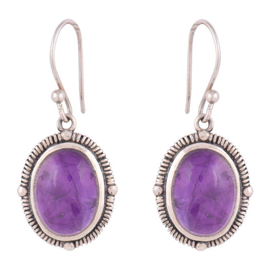 Oval earrings with amethyst in 92.5 Sterling Silver, artisanal and inspired by mirror inlay.