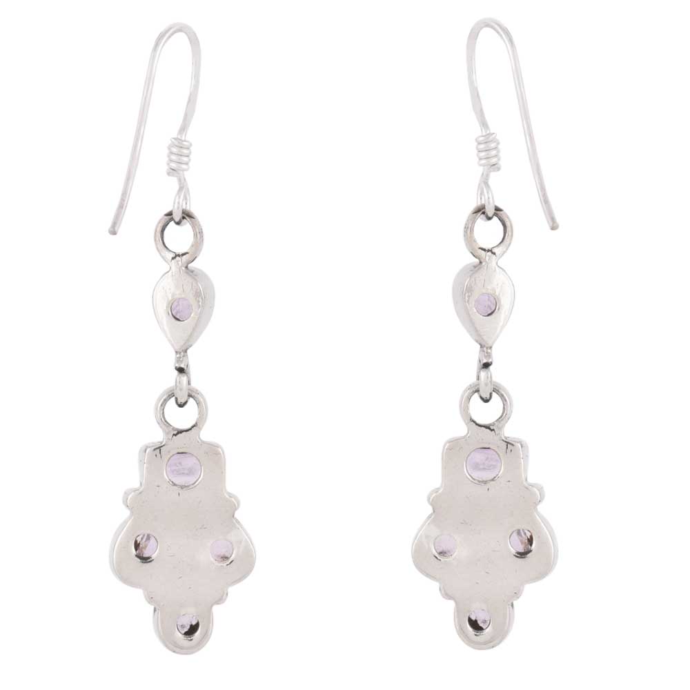 Close-up of amethyst set in 92.5 Sterling Silver dangle earrings.
