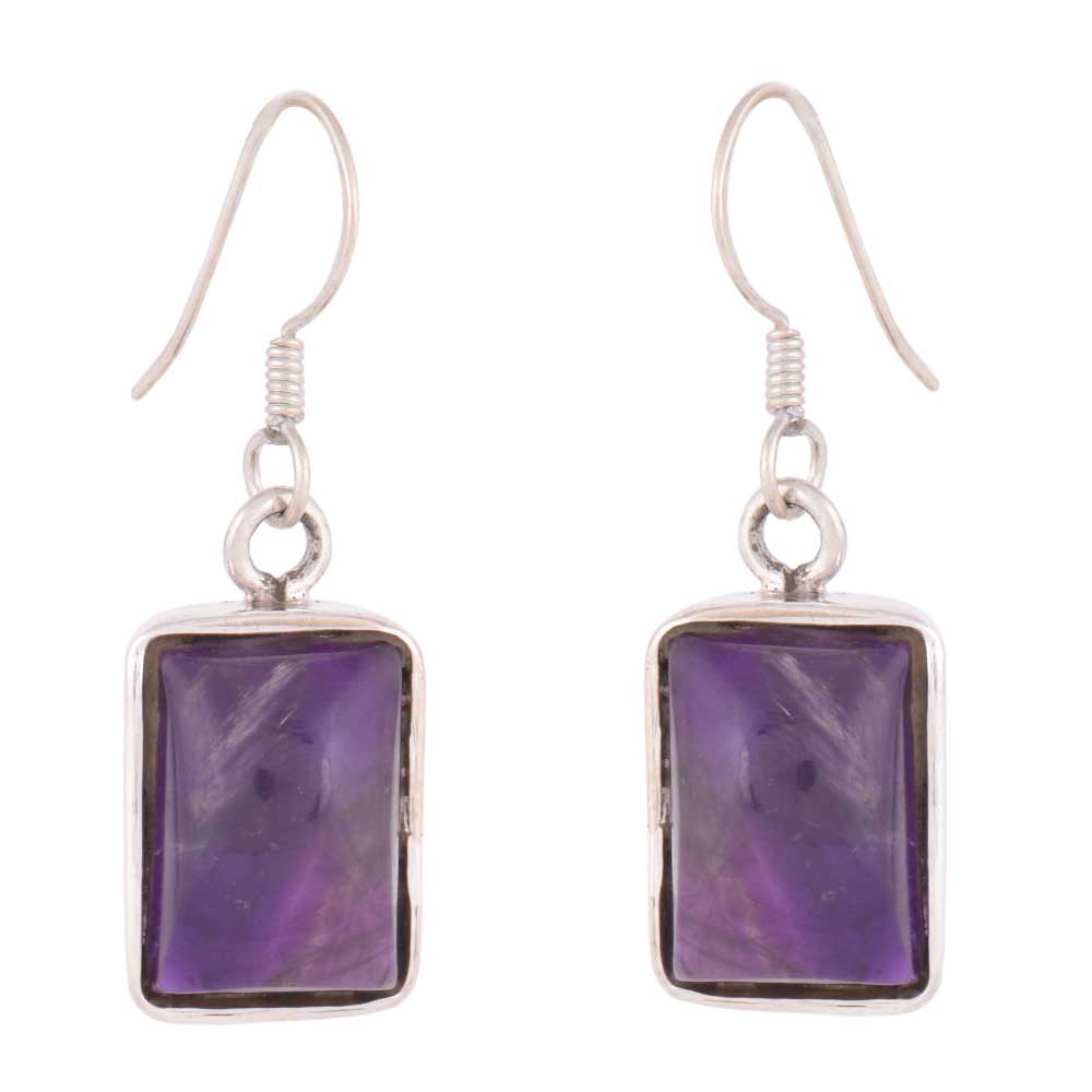 Jamuni Amethyst square earrings resting on fabric, showing amethyst and subtle handwork.