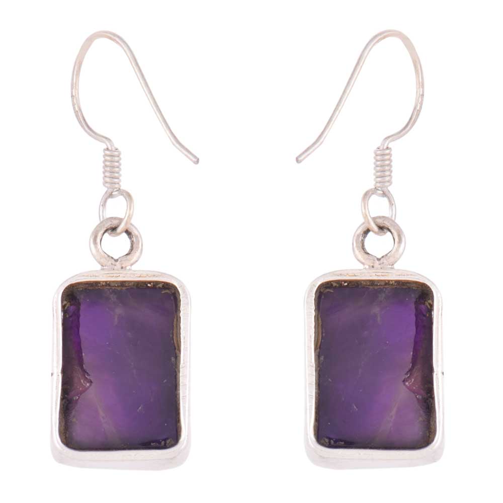 Close-up of amethyst set in 92.5 Sterling Silver square earrings.