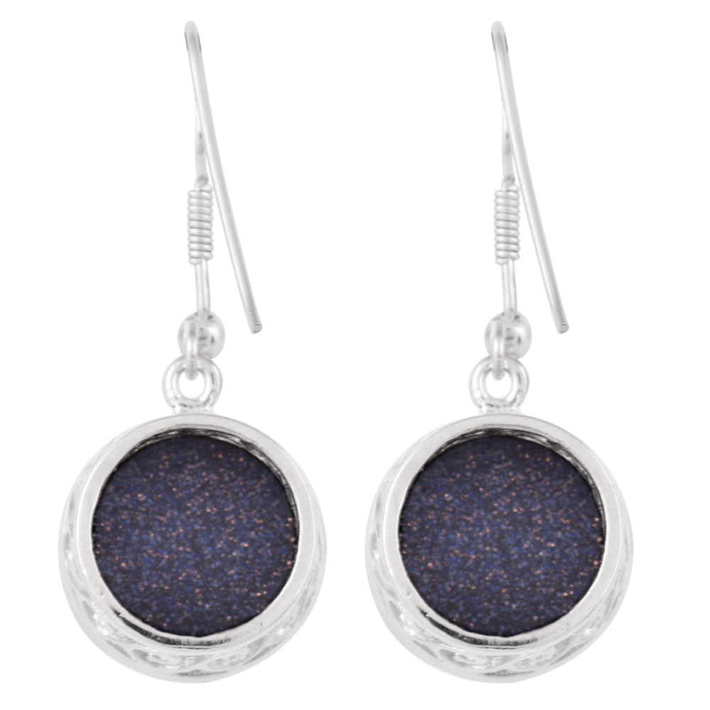 Close-up of faceted blue goldstone set in 92.5 Sterling Silver earrings.