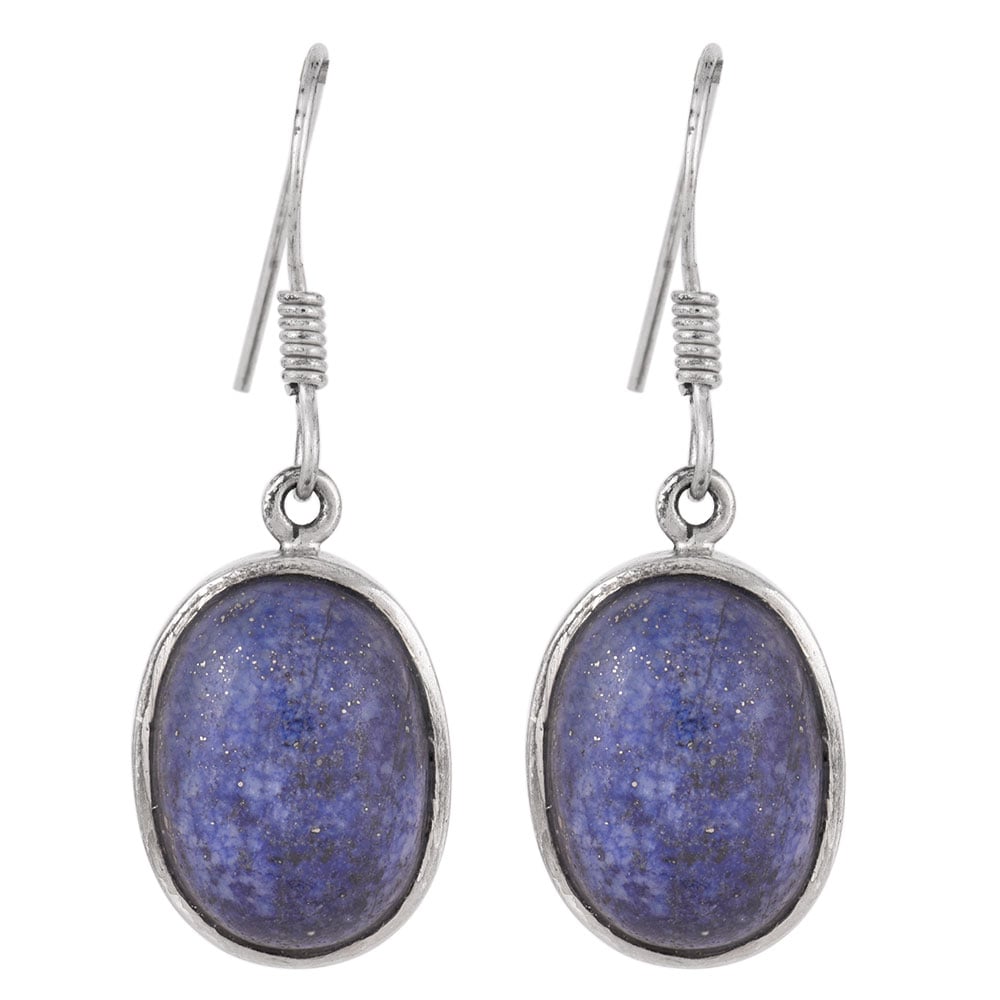 Neel Lapis oval earrings resting on fabric, showing lapis and subtle handwork.