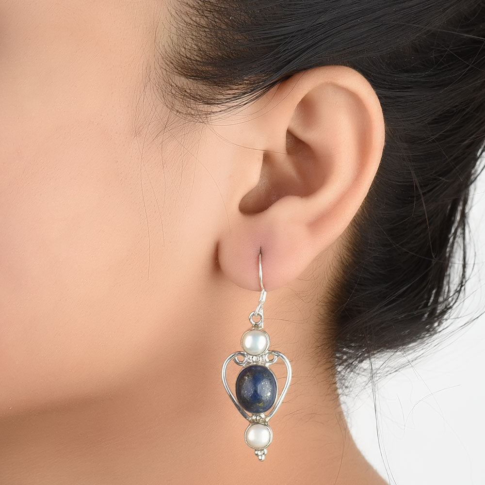 Dangle earrings with pearl & lapis in 92.5 Sterling Silver, artisan-made and inspired by jaali patterns.