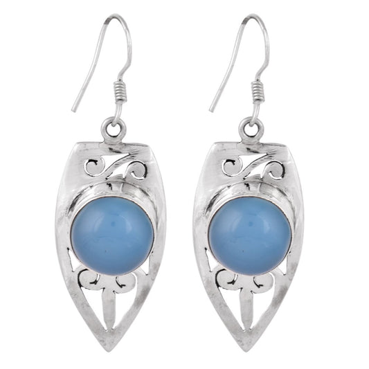 Earrings with boat blue chalcendony in 92.5 Sterling Silver, artisanal and inspired by mirror inlay.