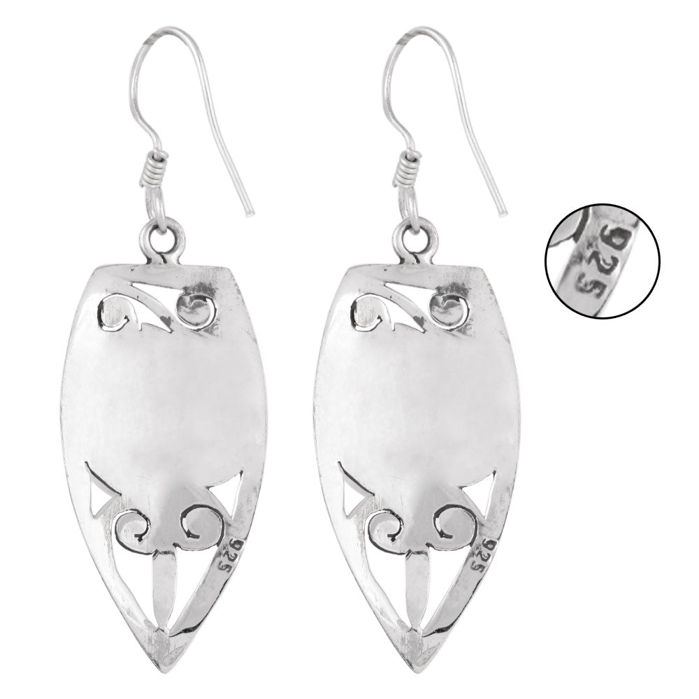 Close-up of boat blue chalcendony set in 92.5 Sterling Silver earrings.