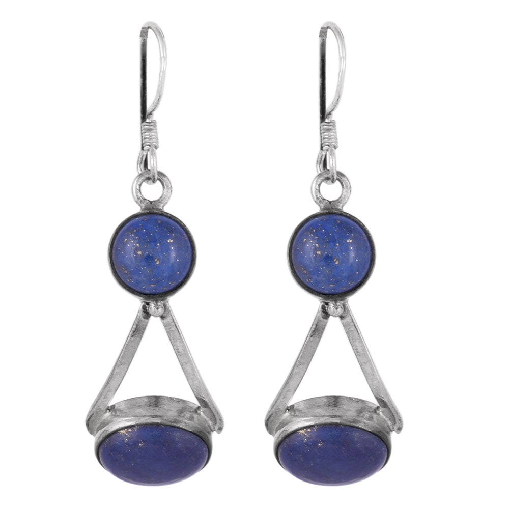 Neel Lapis dangle earrings resting on fabric, showing lapis and subtle handwork.
