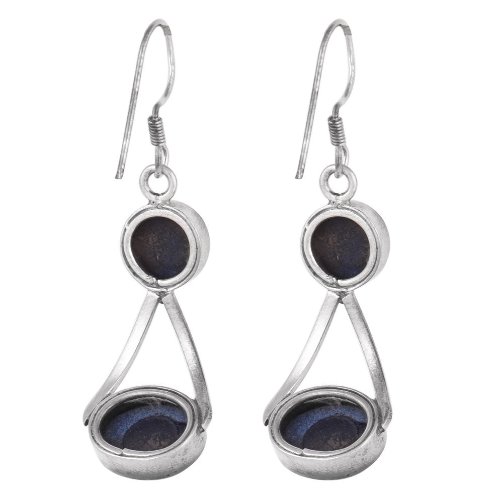 Close-up of lapis set in 92.5 Sterling Silver dangle earrings.