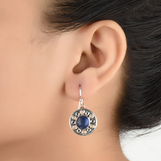 Dangle earrings with lapis floral in 92.5 Sterling Silver, expertly crafted and inspired by ancestral markings.