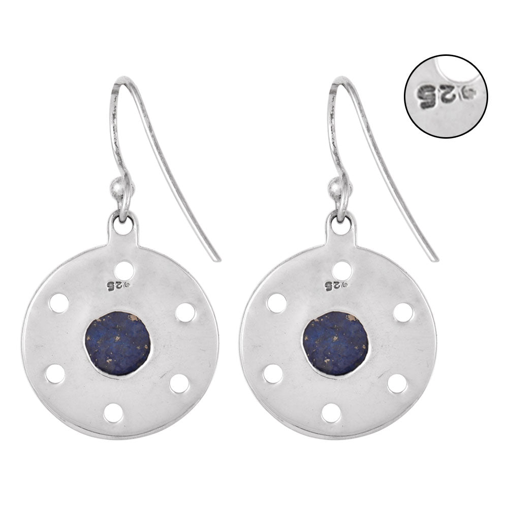 Close-up of lapis floral set in 92.5 Sterling Silver dangle earrings.