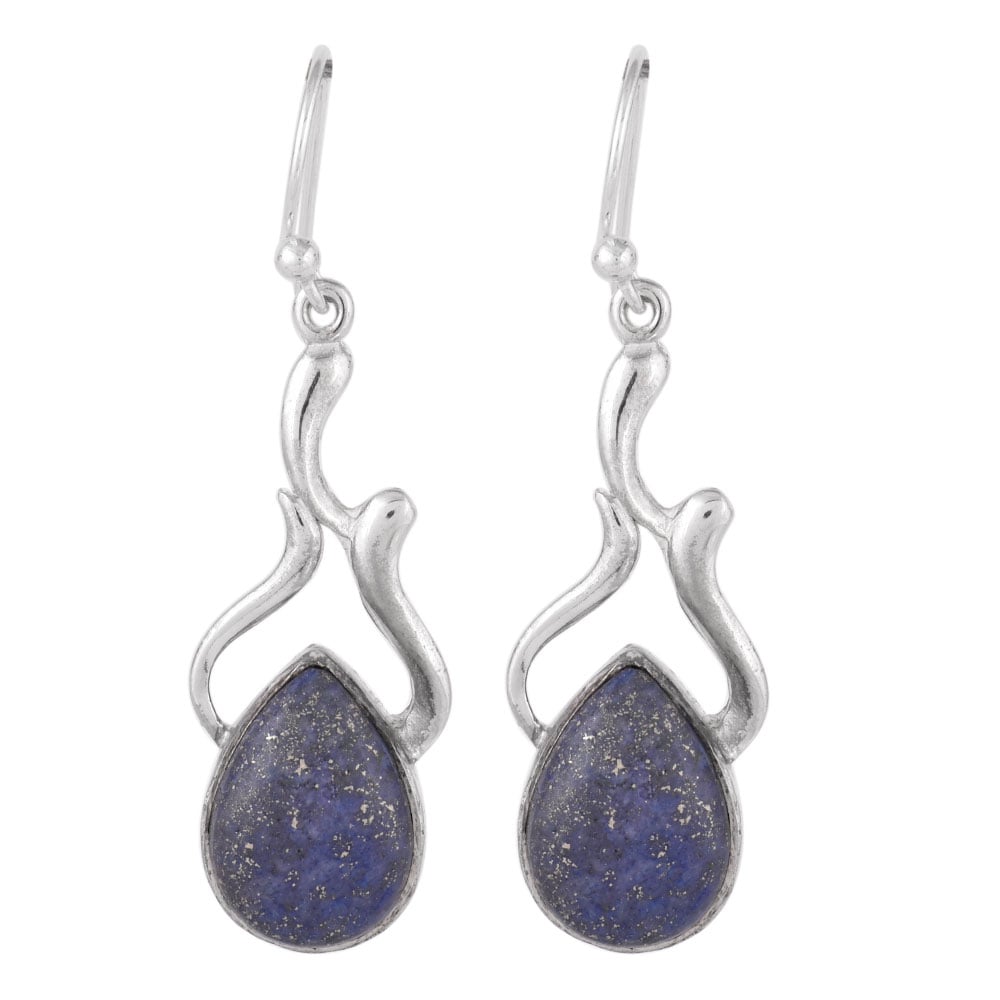 Neel Lapis drop earrings resting on fabric, showing lapis and subtle handwork.
