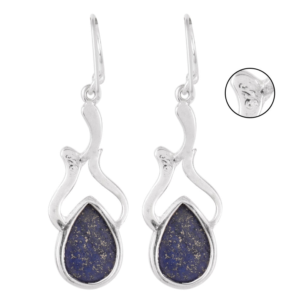 Close-up of lapis set in 92.5 Sterling Silver drop earrings.