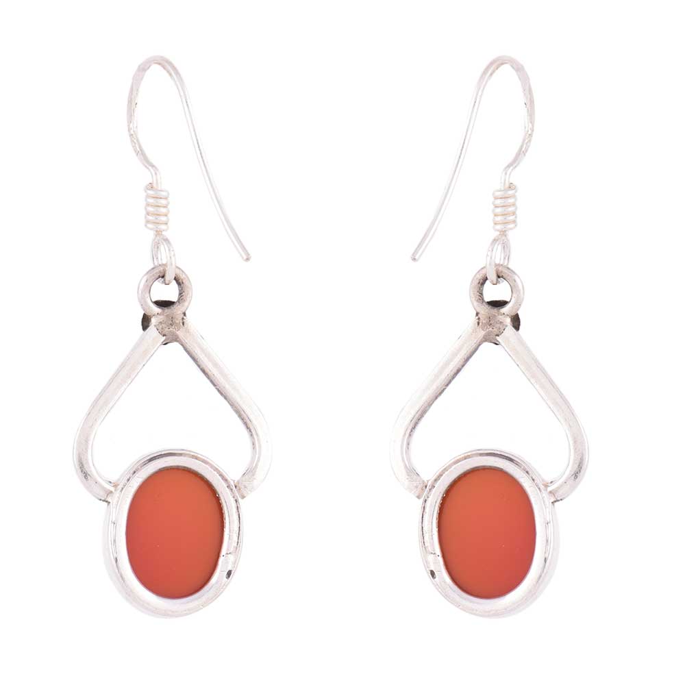 Close-up of carnelian set in 92.5 Sterling Silver oval earrings.