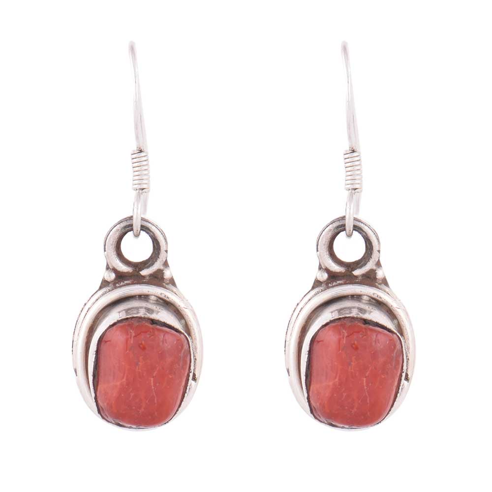 Detail of casual wear red earrings showing stone and silver