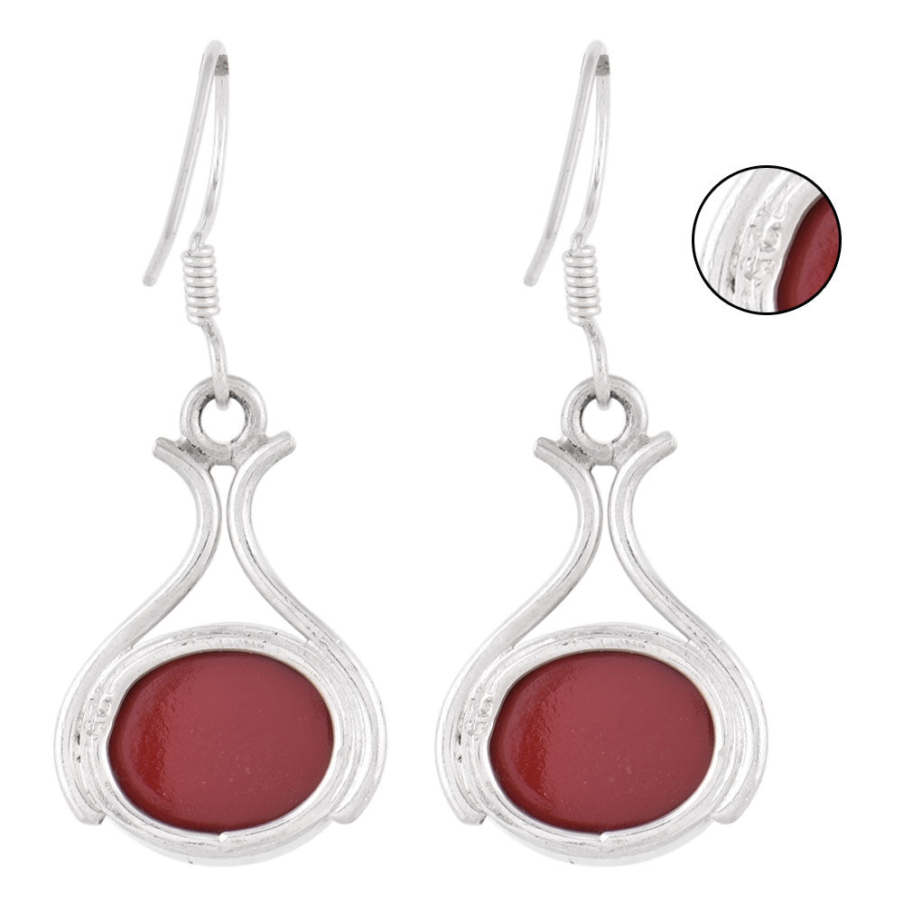 Close up of handmade casual wear red earrings in 92.5 Sterling Silver