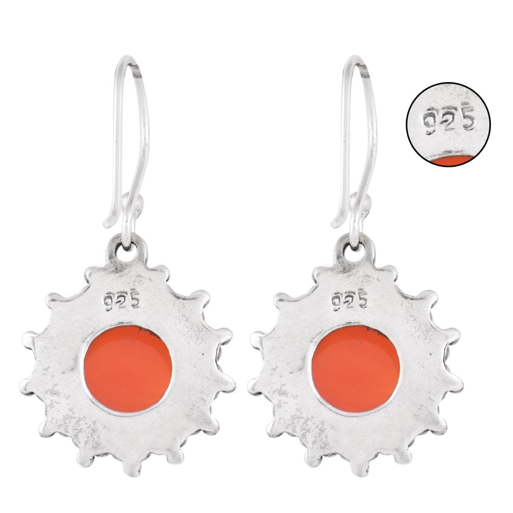 Close up of handmade carnelian earrings in 92.5 Sterling Silver