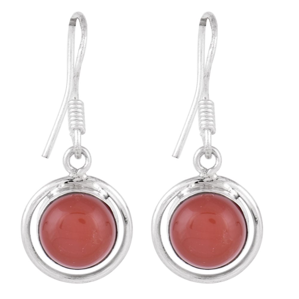 Detail of carnelian round earrings showing stone and silver