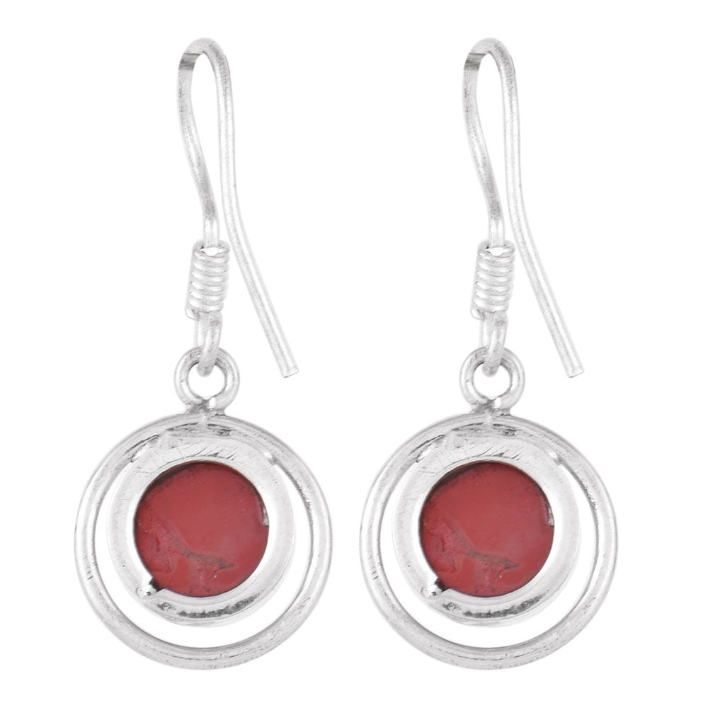Close up of handmade carnelian round earrings in 92.5 Sterling Silver