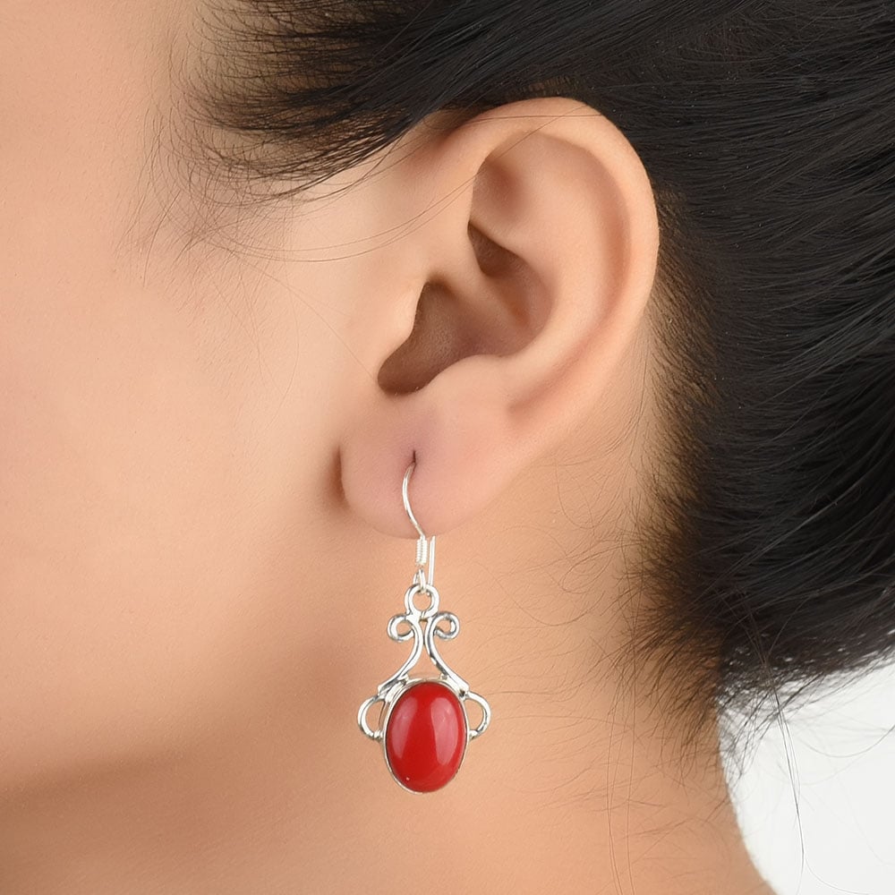 92.5 Sterling Silver coral hoop earrings front view