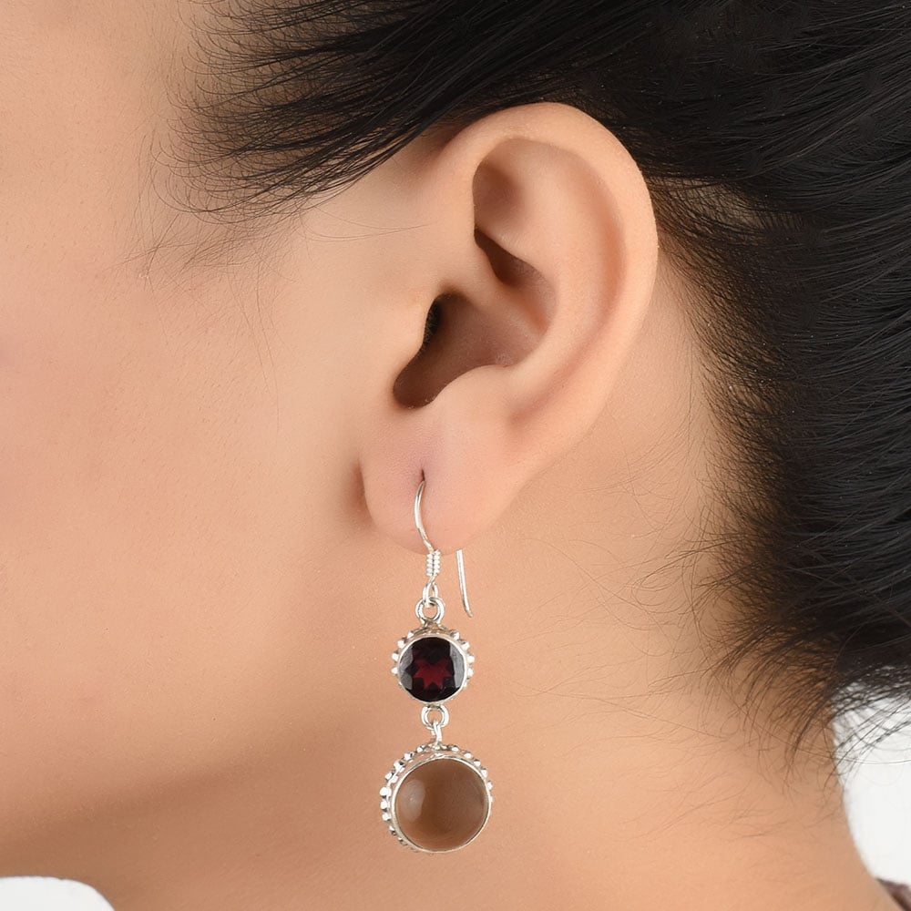 92.5 Sterling Silver garnet dangle earrings front view