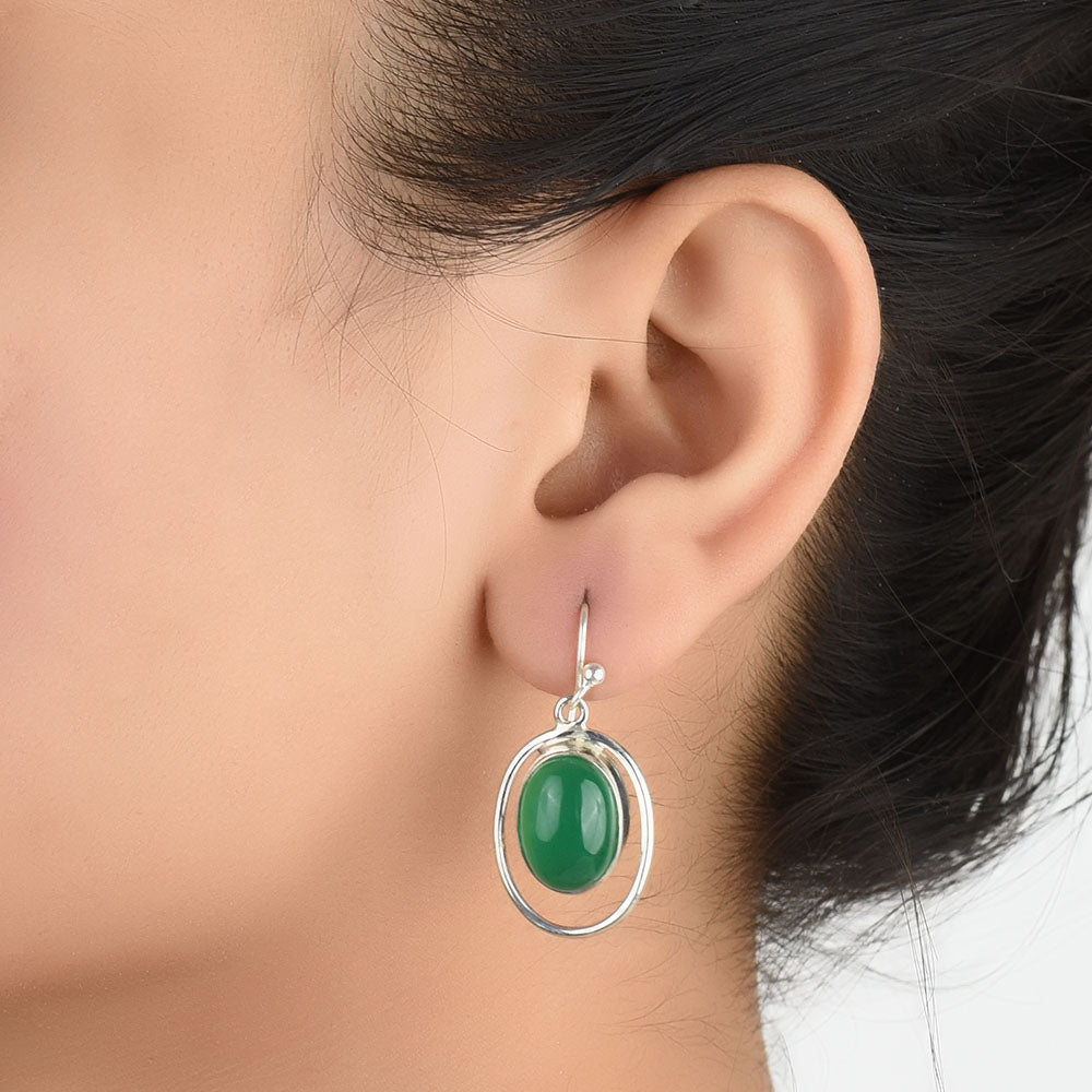 92.5 Sterling Silver green onyx earrings front view
