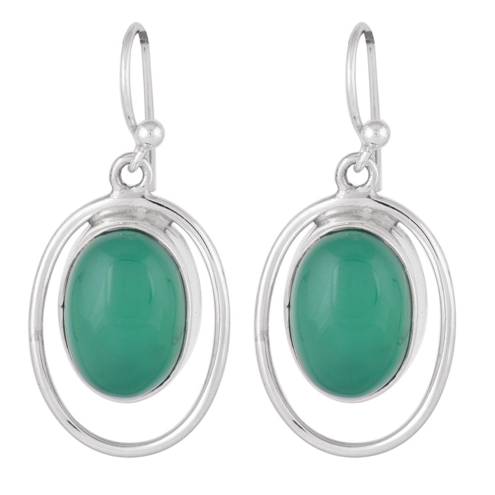 Detail of green onyx earrings showing stone and silver