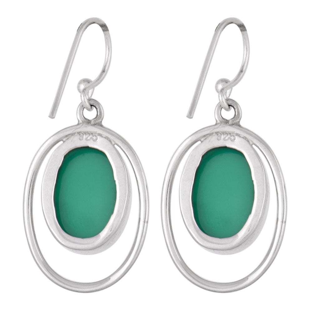 Close up of handmade green onyx earrings in 92.5 Sterling Silver