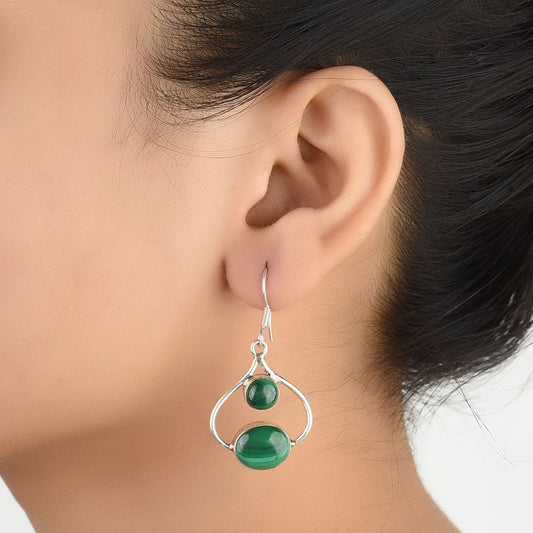92.5 Sterling Silver malachite dangle earrings front view