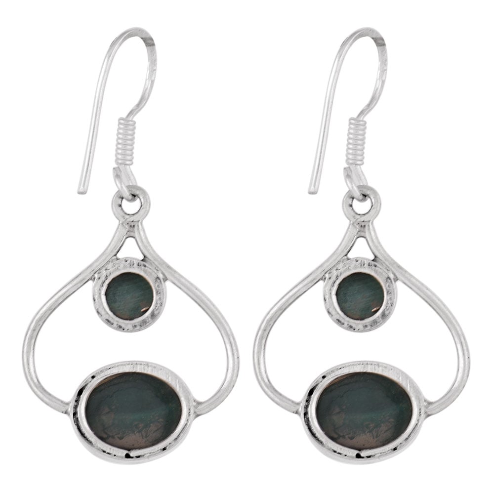 Close up of handmade malachite dangle earrings in 92.5 Sterling Silver