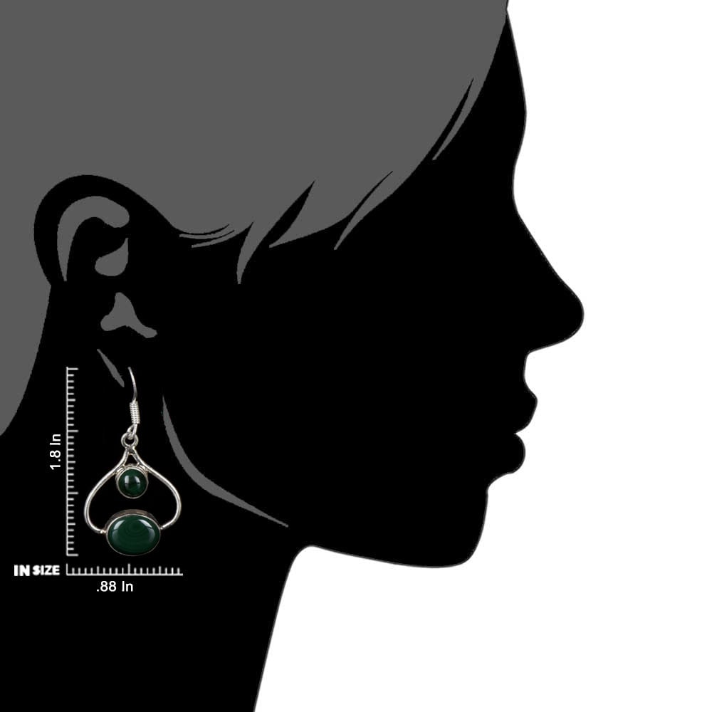Side profile of handcrafted malachite dangle earrings