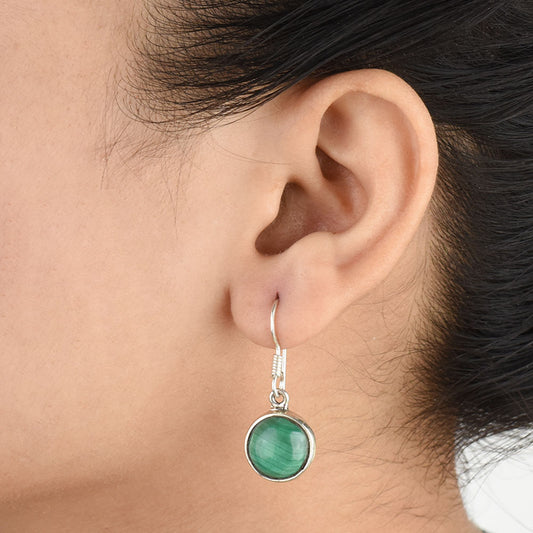 92.5 Sterling Silver malachite round earrings front view