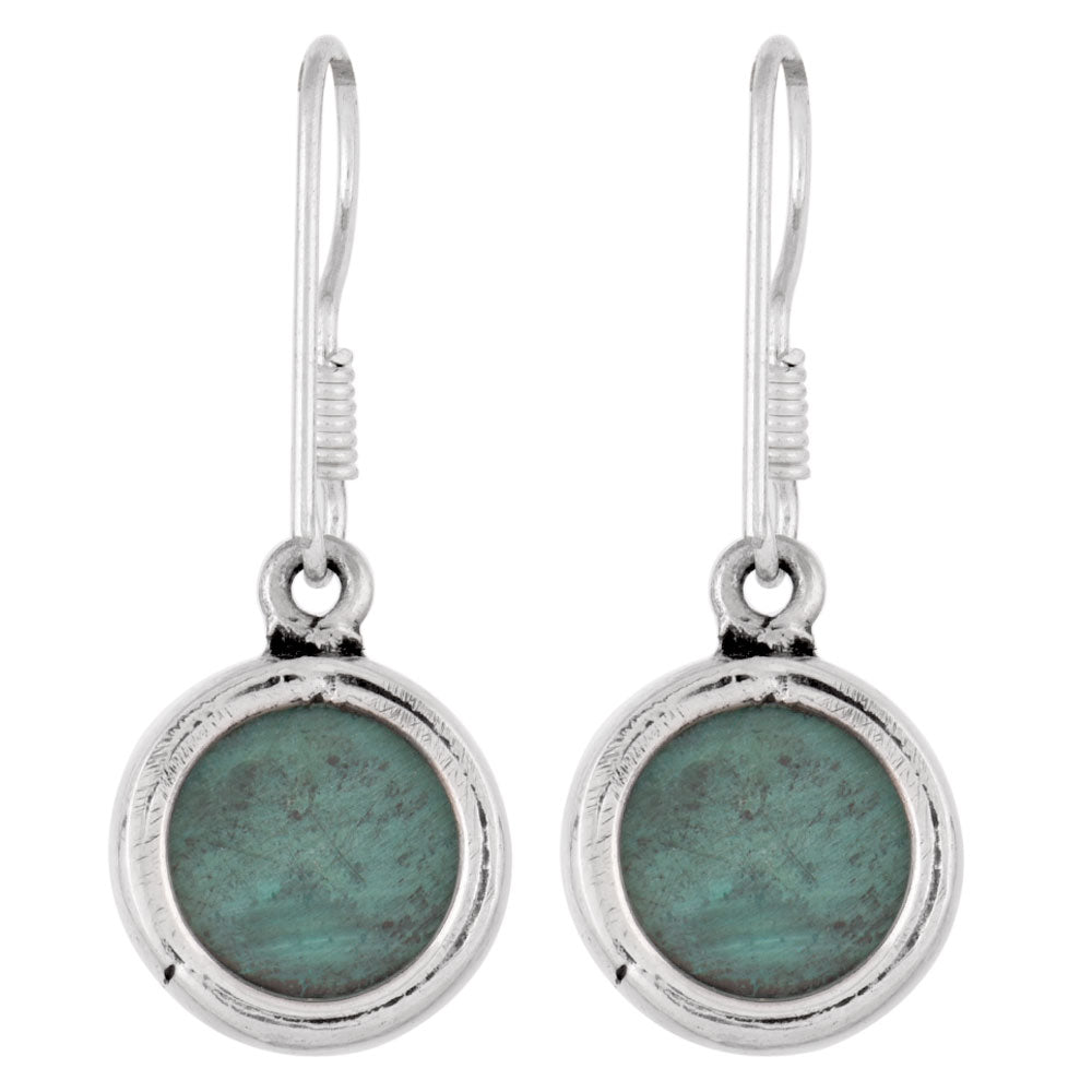 Close up of handmade malachite round earrings in 92.5 Sterling Silver