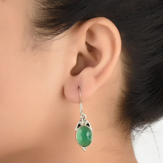 92.5 Sterling Silver green onyx dangle earrings front view