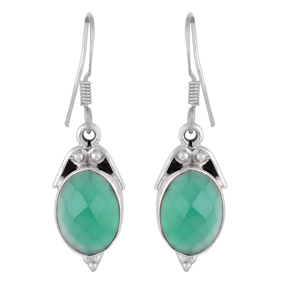 Detail of green onyx dangle earrings showing stone and silver