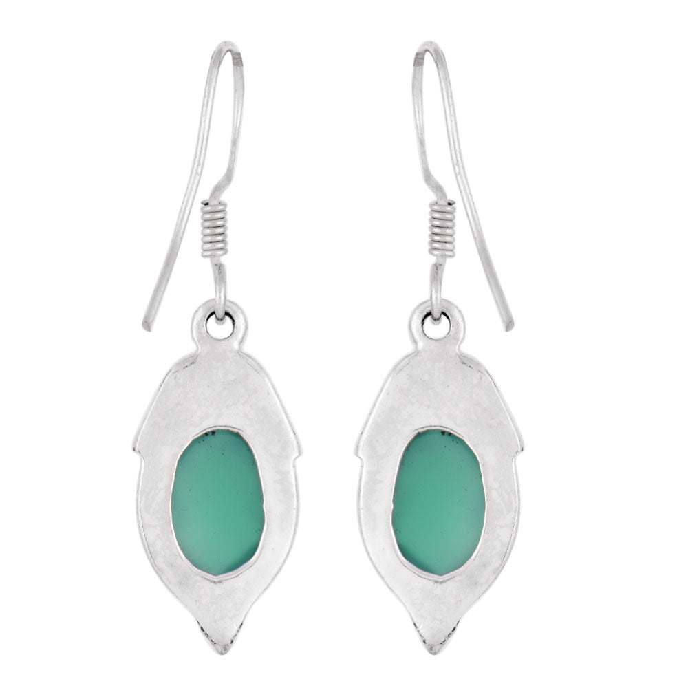 Close up of handmade green onyx dangle earrings in 92.5 Sterling Silver