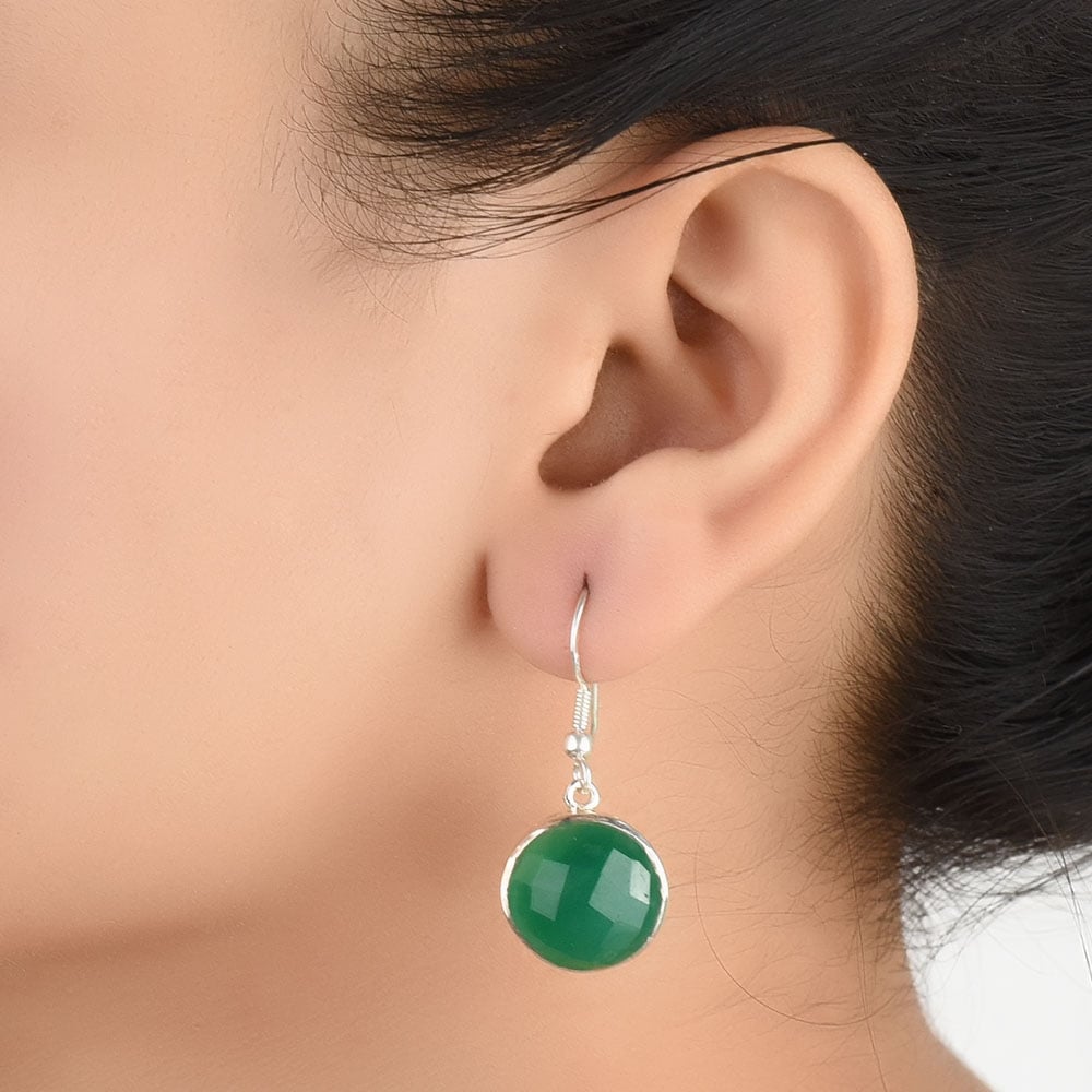 92.5 Sterling Silver green onyx earrings front view