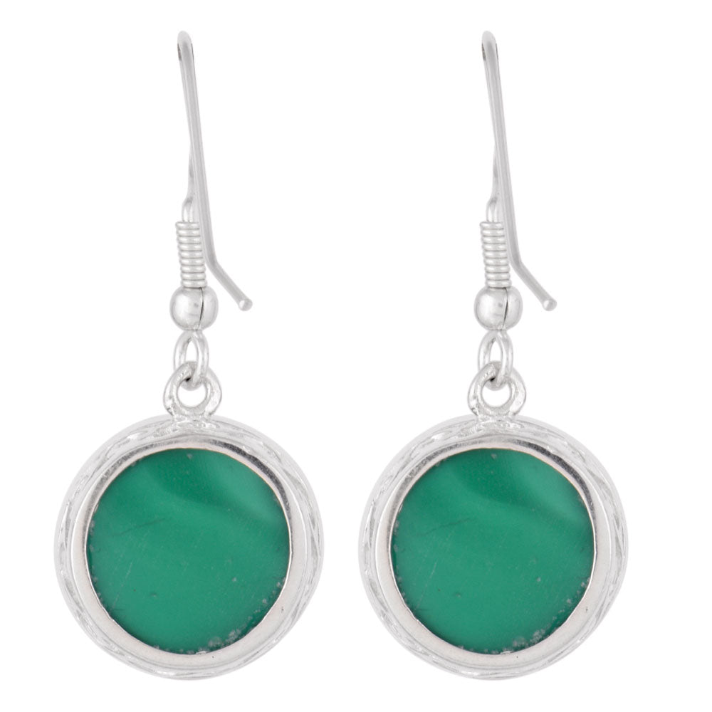 Close up of handmade green onyx earrings in 92.5 Sterling Silver