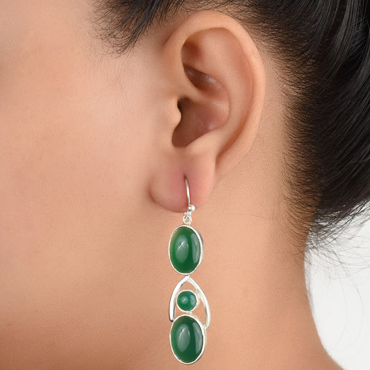 92.5 Sterling Silver green onyx dangle earrings front view