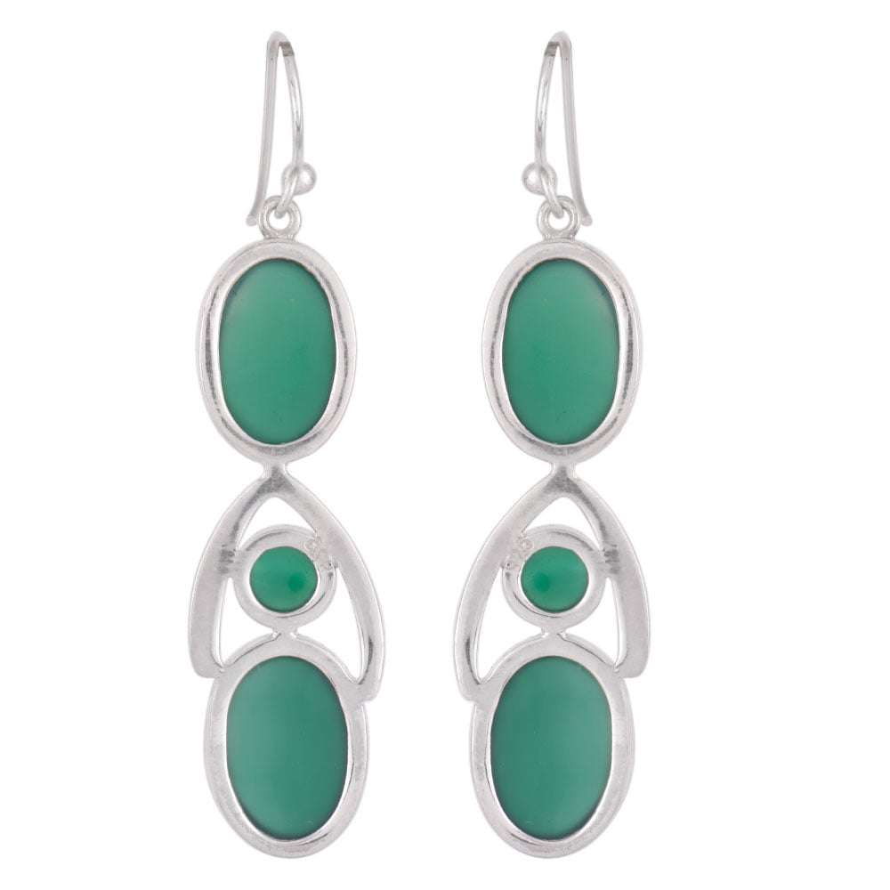 Side profile of handcrafted green onyx dangle earrings