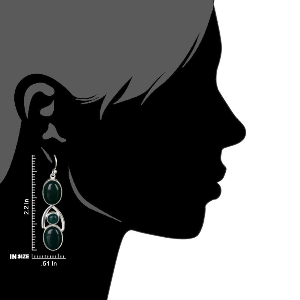 Detail of green onyx dangle earrings showing stone and silver