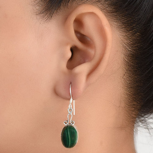 92.5 Sterling Silver malachite earrings front view